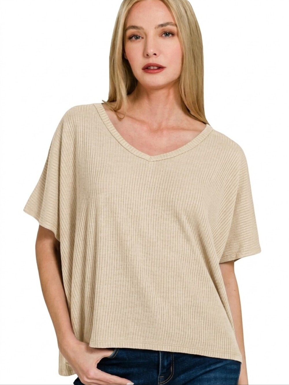 Zenana Ribbed V-Neck Boxy Dolman Top NWT S/M